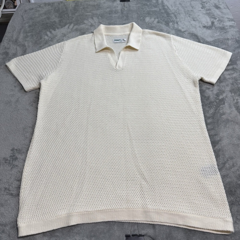 Wellen Crochet Knit Polo Shirt Cotton Ivory Cream Mens XL Coastal Designer Beach